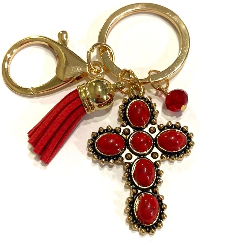 Religious Cross Keychain Purse Charm Red Gold Tone Tassel